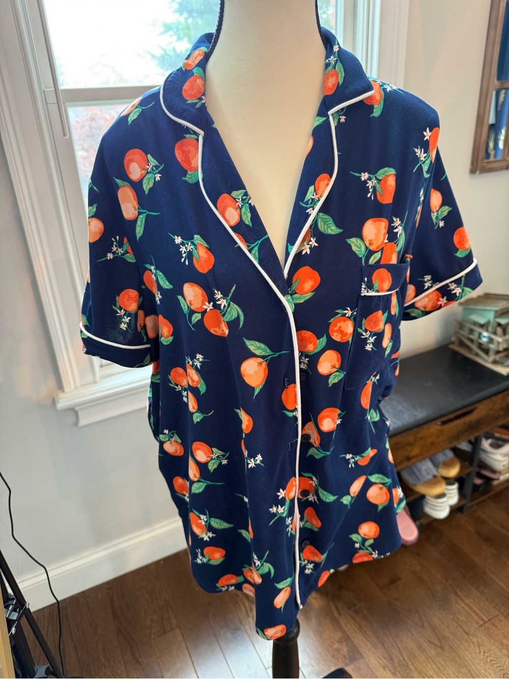Joyspun Navy Orange-Print Short Pajama  - Women's Relaxed Sleep Top Only! Size L